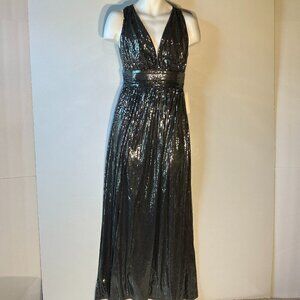 Verte SZ S  Blue Gray Grecian Halter Cut Sequin Maxi old glamour party prom